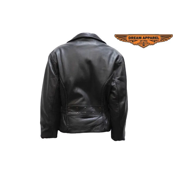 Ladies Classic Naked Leather Patrol Style Motorcycle Jacket Braid Trim