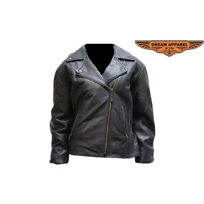 Ladies Classic Naked Leather Patrol Style Motorcycle Jacket Braid Trim