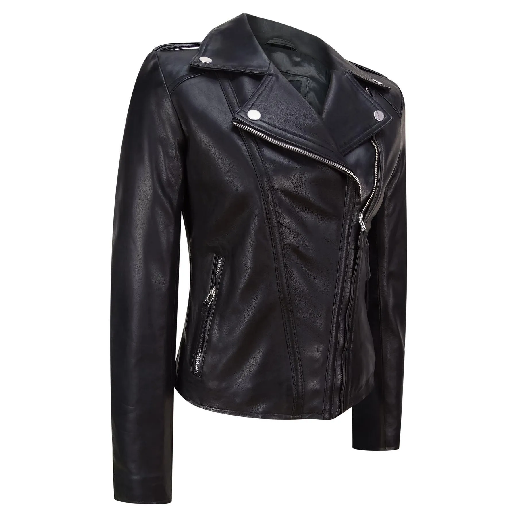 Ladies Leather Jacket Classic Biker Style Black REAL Leather Womens Jacket