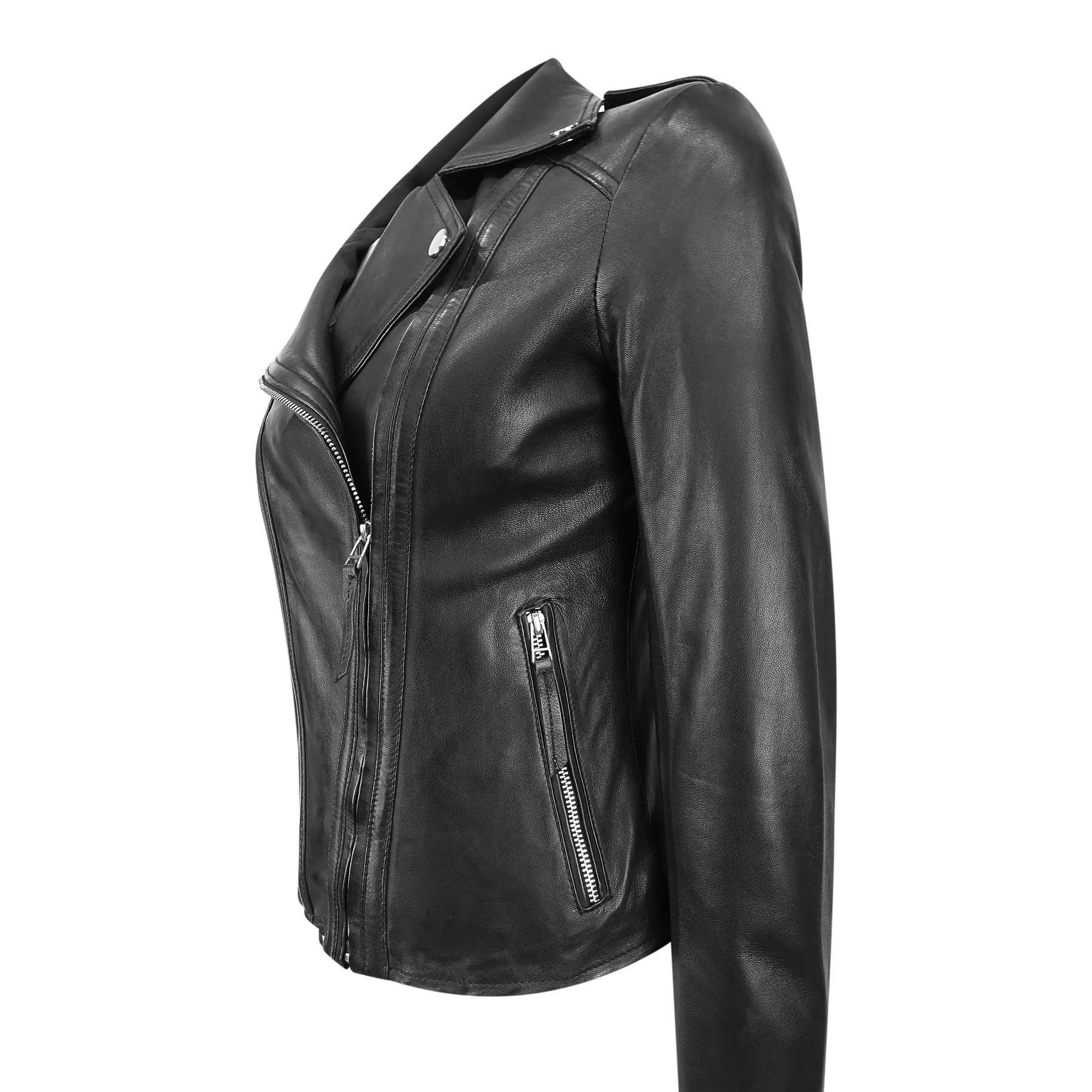 Ladies Leather Jacket Classic Biker Style Black REAL Leather Womens Jacket