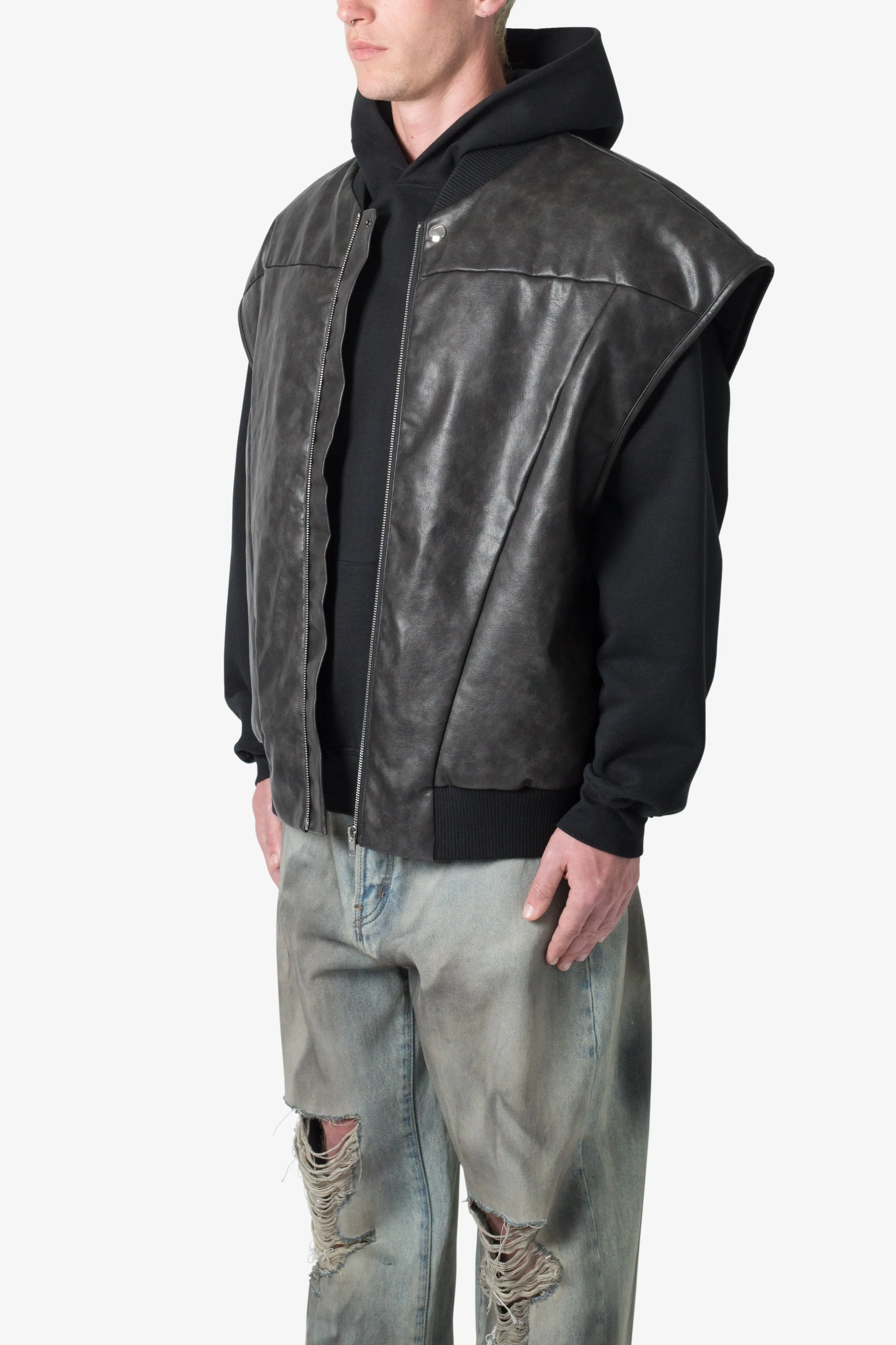 Leather Bomber Vest - Black