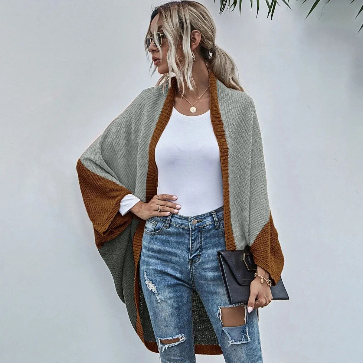 Leisure Color Panel Chunky Knit Open Front Batwing Sleeve Oversized Cape Cardigan