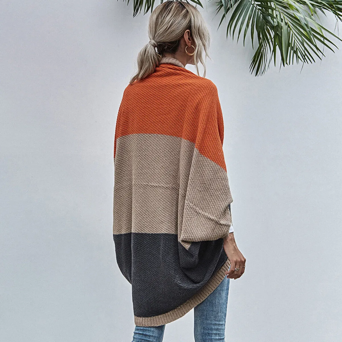 Leisure Color Panel Chunky Knit Open Front Batwing Sleeve Oversized Cape Cardigan