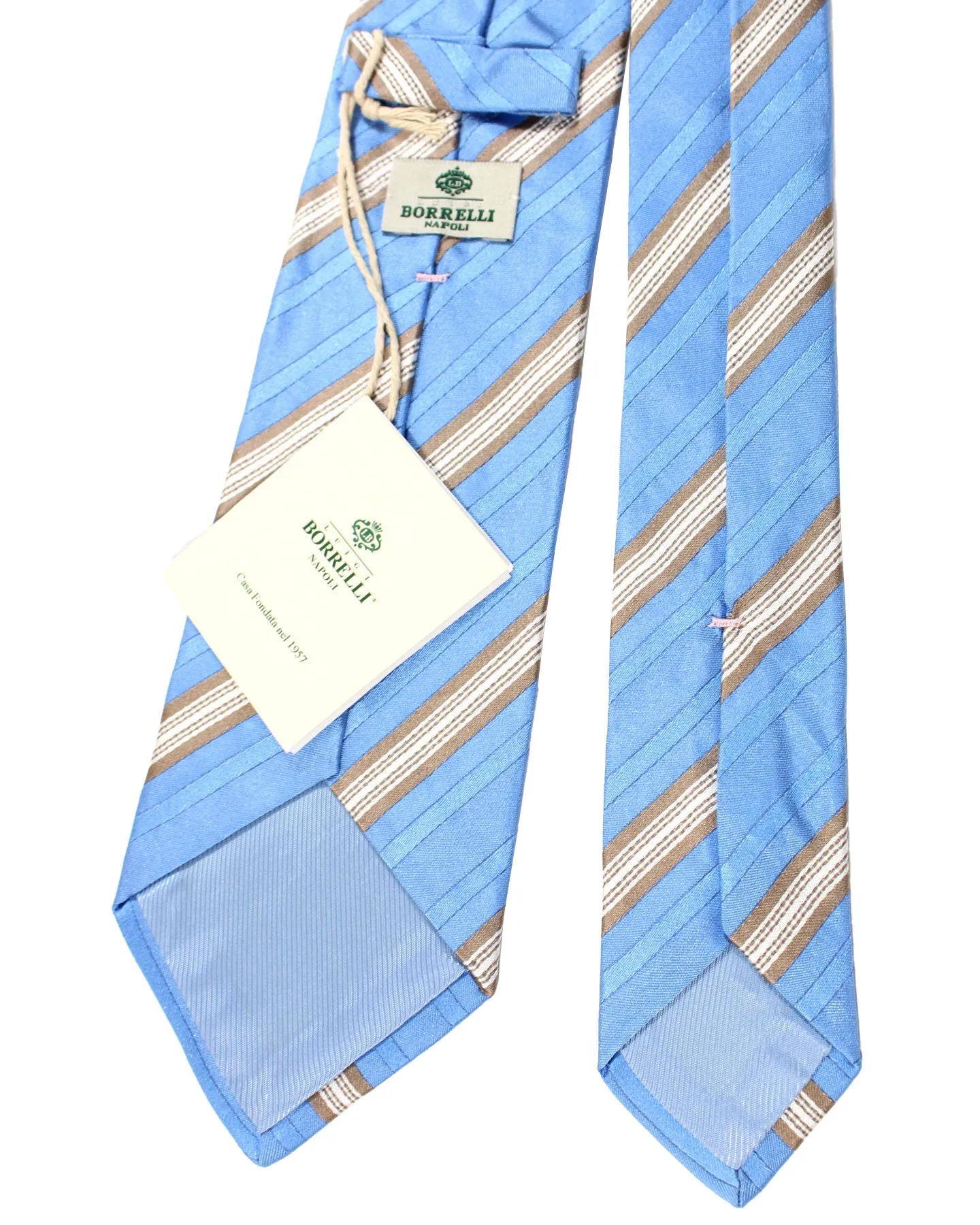 Luigi Borrelli Silk Tie Sky Blue Taupe Stripes SALE