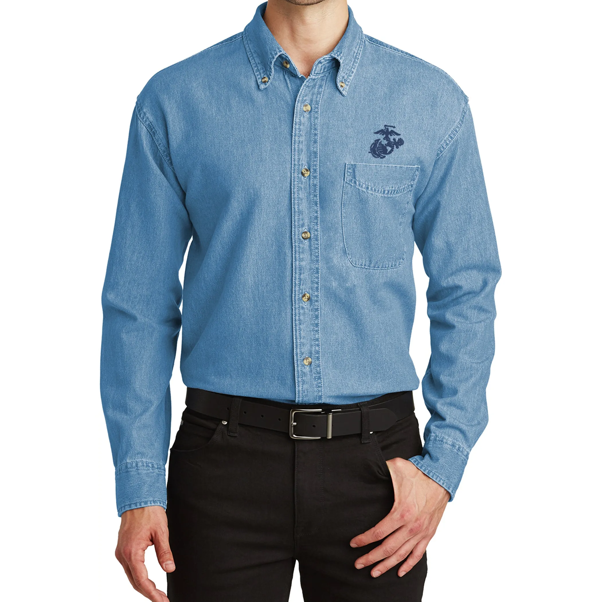 Marines Navy EGA Embroidered Faded Denim Button Up