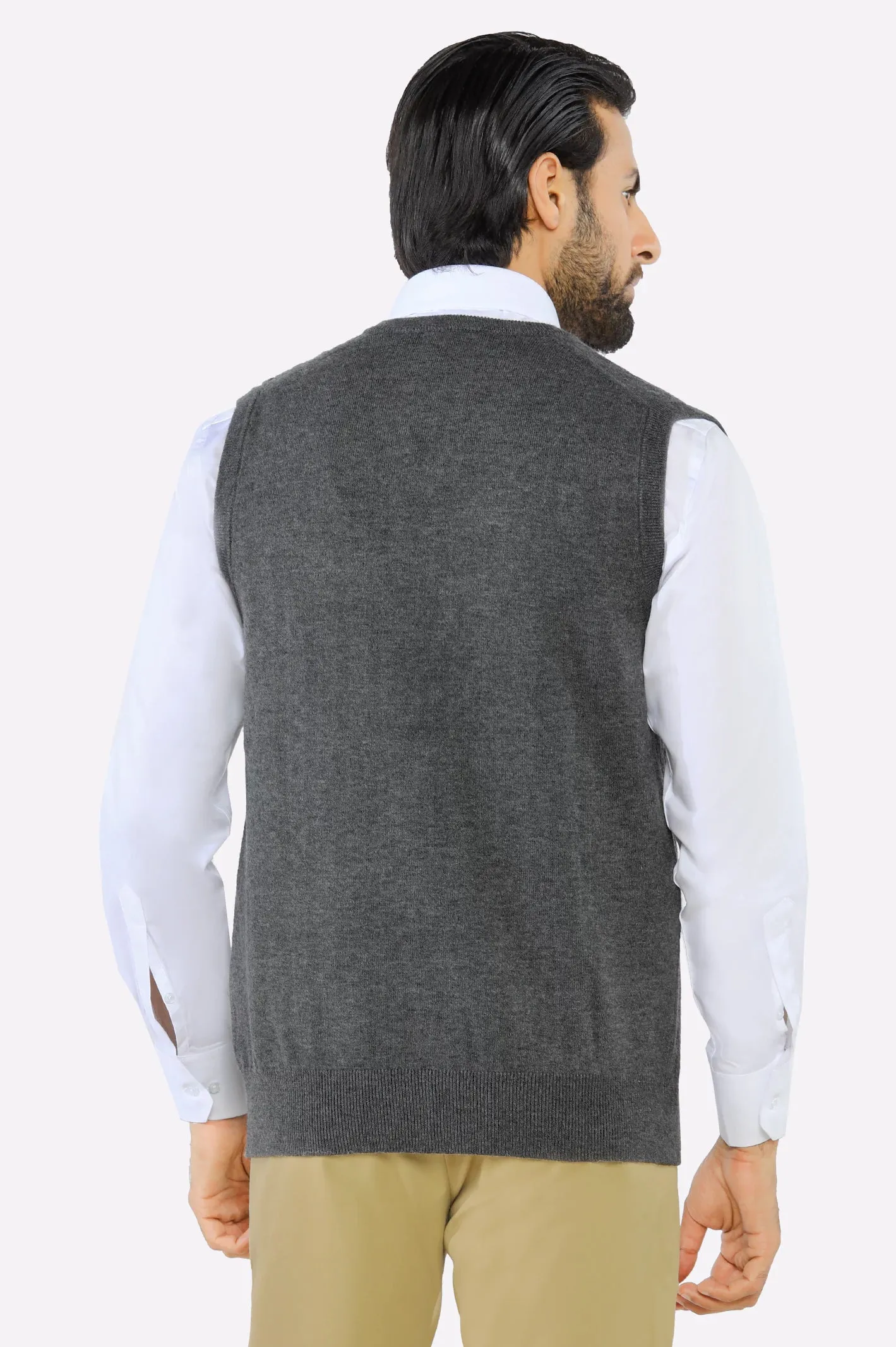 Men V-neck Charcoal Sleeveless Sweater