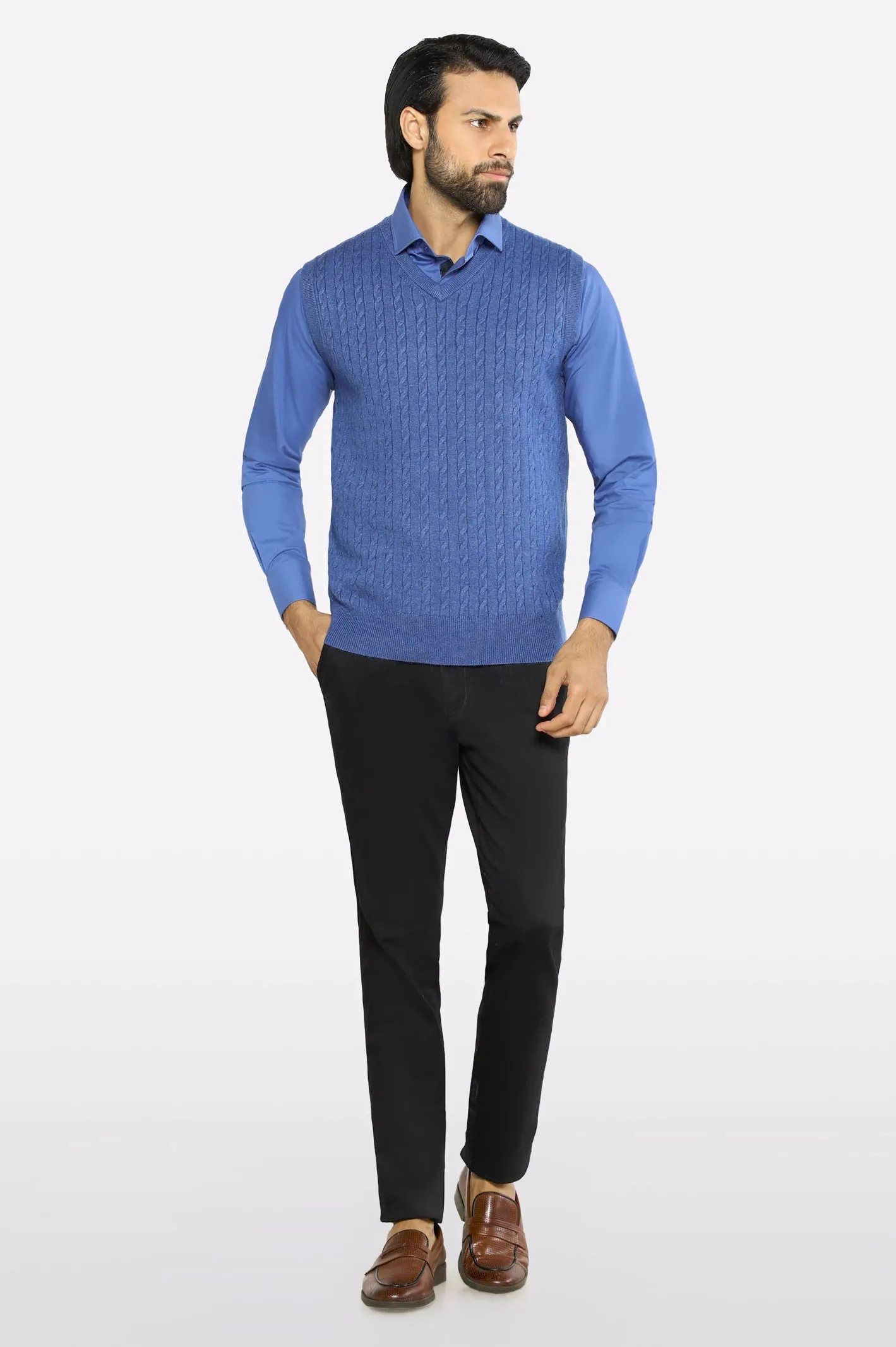 Men V-neck Sky Blue Sleeveless Sweater