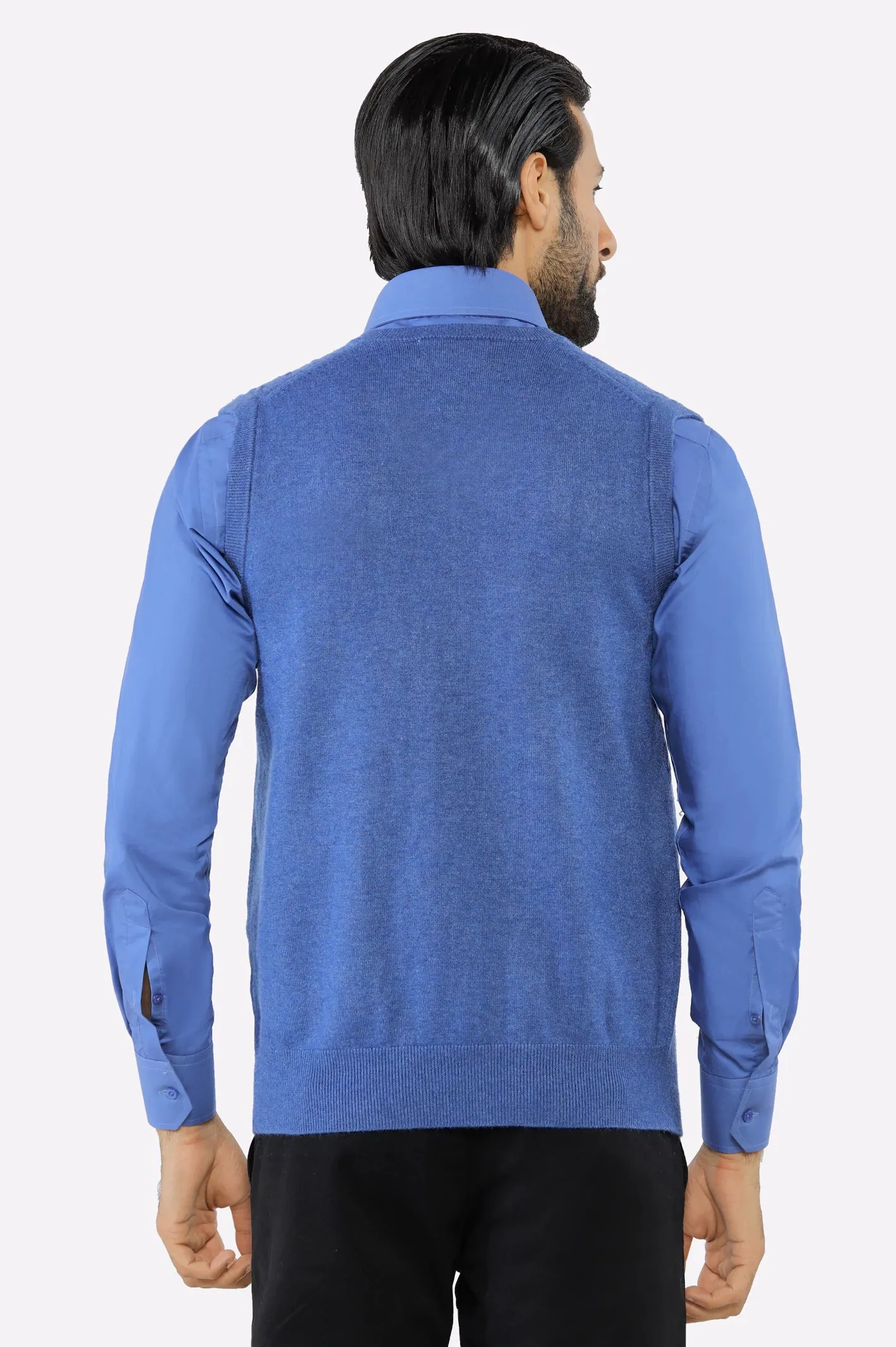 Men V-neck Sky Blue Sleeveless Sweater