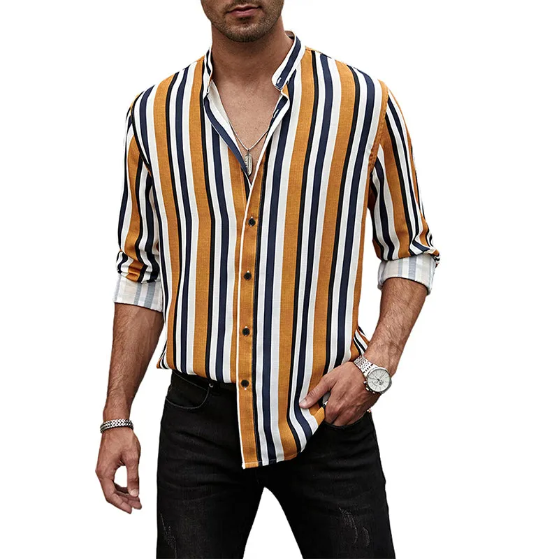 Men's Casual Long Sleeve Button-Down Shirts Striped Dress Shirts | MC255371