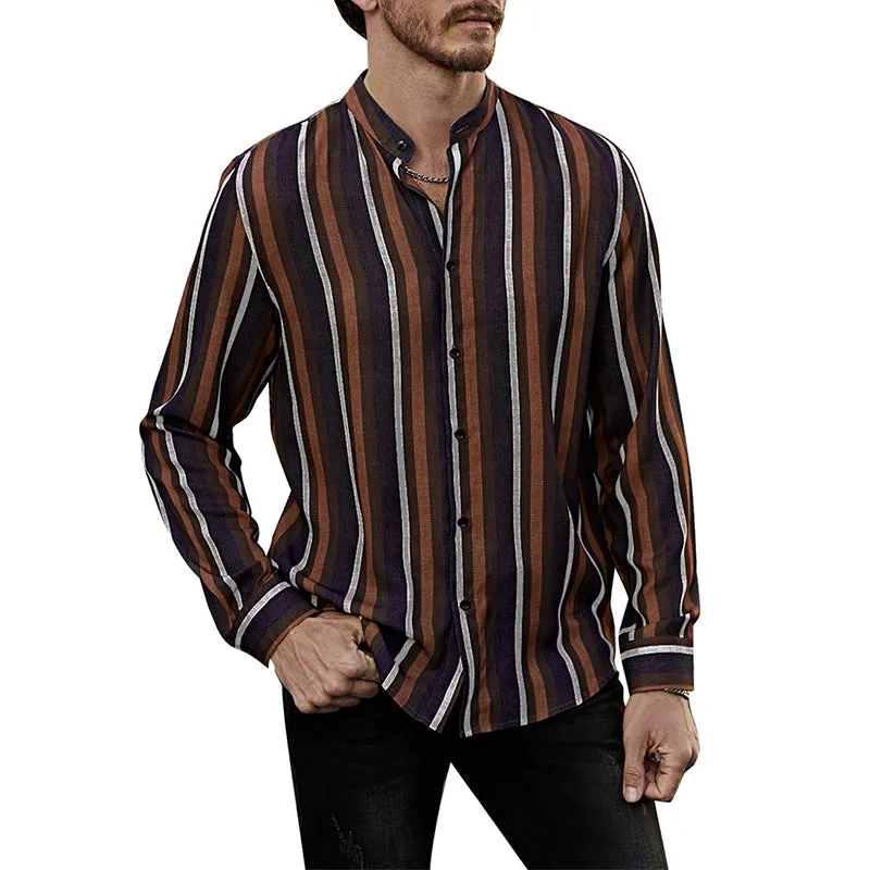 Men's Casual Long Sleeve Button-Down Shirts Striped Dress Shirts | MC255371