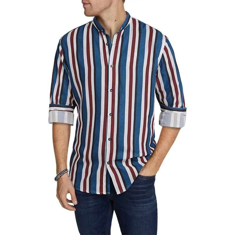 Men's Casual Long Sleeve Button-Down Shirts Striped Dress Shirts | MC255371