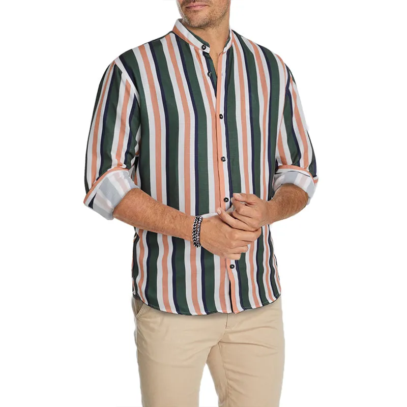 Men's Casual Long Sleeve Button-Down Shirts Striped Dress Shirts | MC255371