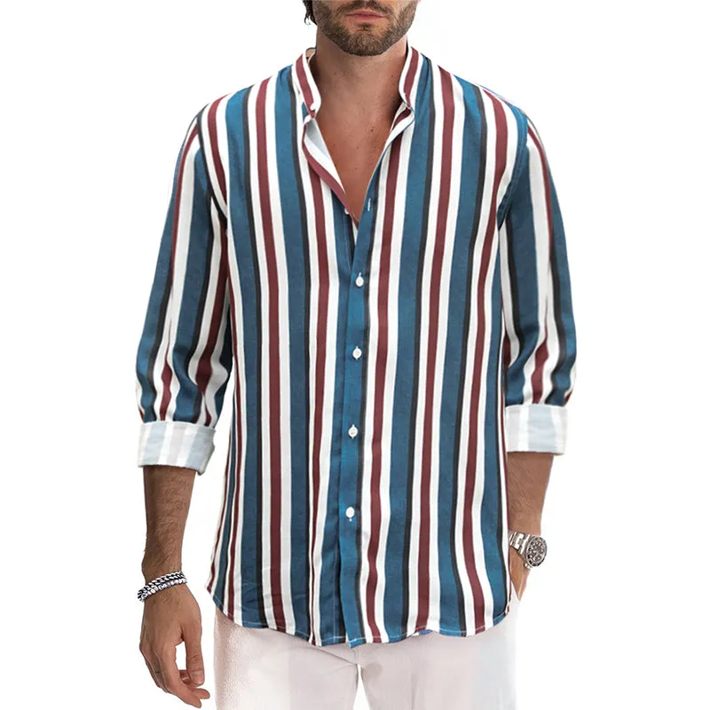 Men's Casual Long Sleeve Button-Down Shirts Striped Dress Shirts | MC255371