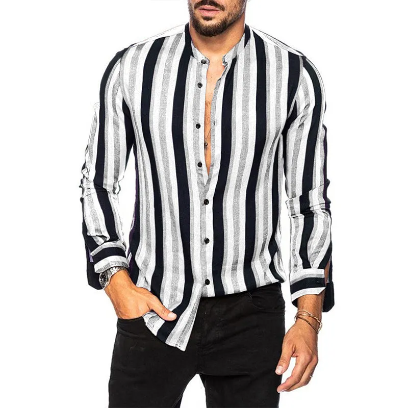 Men's Casual Long Sleeve Button-Down Shirts Striped Dress Shirts | MC255371