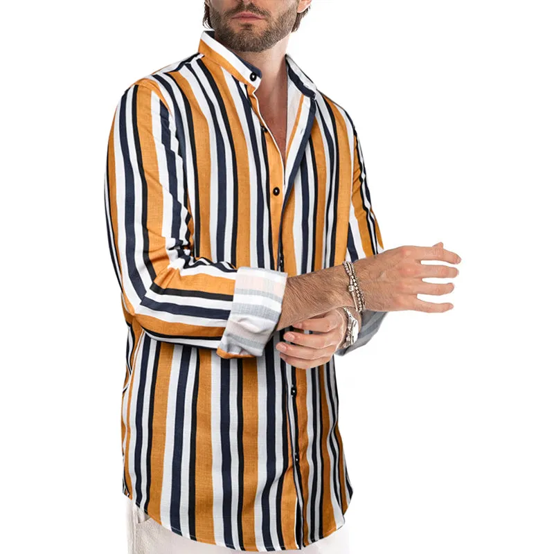 Men's Casual Long Sleeve Button-Down Shirts Striped Dress Shirts | MC255371