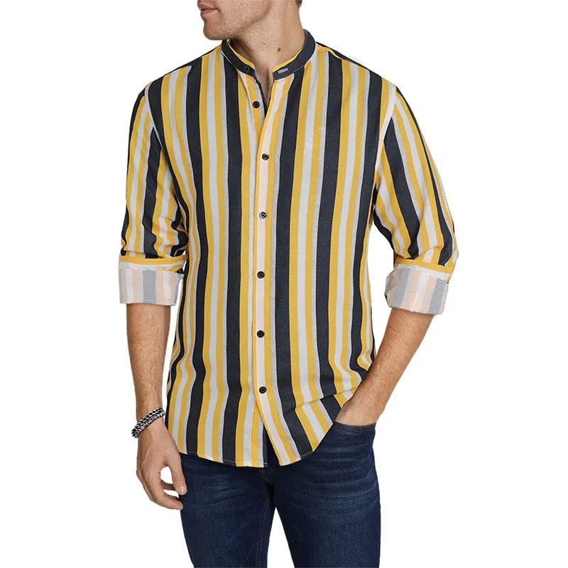 Men's Casual Long Sleeve Button-Down Shirts Striped Dress Shirts | MC255371