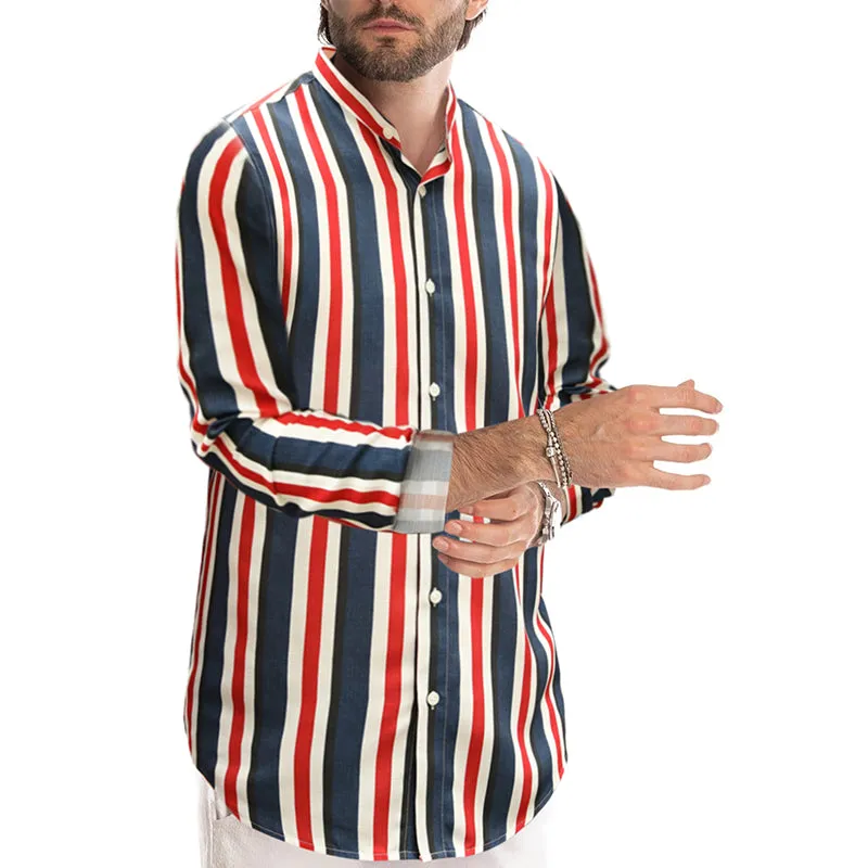 Men's Casual Long Sleeve Button-Down Shirts Striped Dress Shirts | MC255371