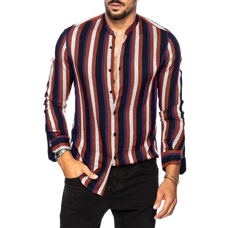 Men's Casual Long Sleeve Button-Down Shirts Striped Dress Shirts | MC255371