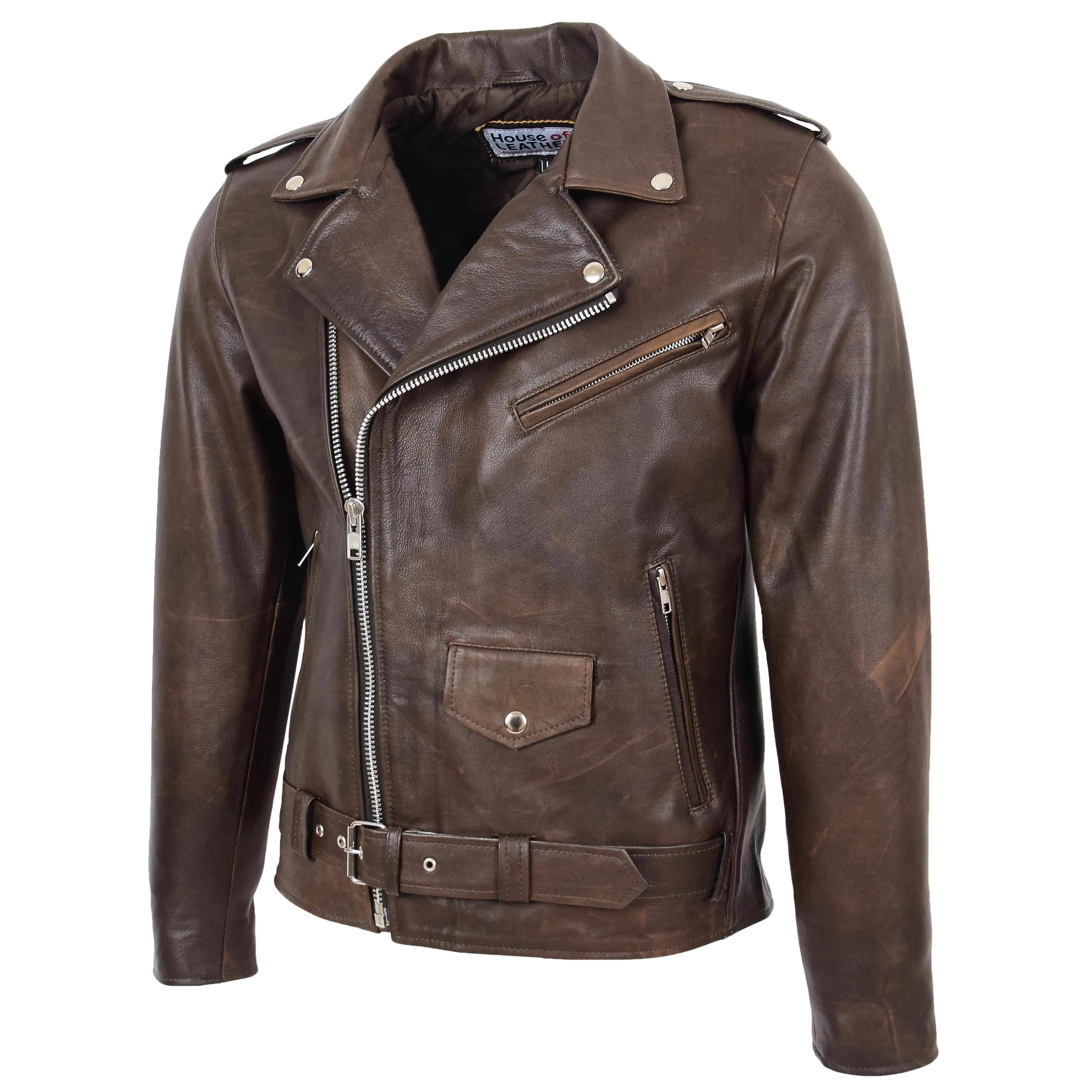 Mens Heavy Duty Leather Biker Brando Jacket Kyle Antique Brown