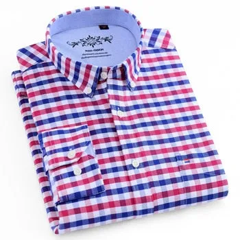 Men's Long Sleeve Contrast Plaid/Striped Oxford Dress Shirt with Left Chest Pocket Male Casual Slim-fit Buttoned Down Shirts