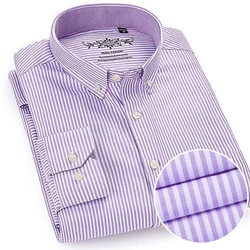 Men's Long Sleeve Contrast Plaid/Striped Oxford Dress Shirt with Left Chest Pocket Male Casual Slim-fit Buttoned Down Shirts