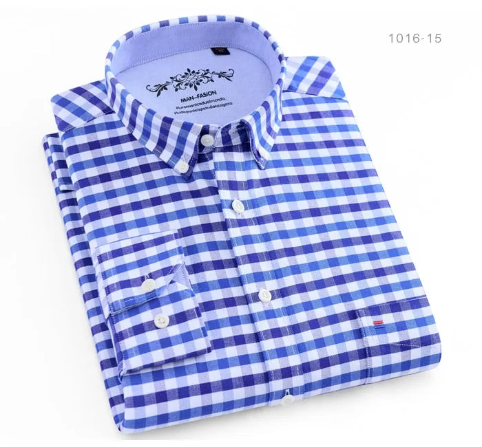 Men's Long Sleeve Contrast Plaid/Striped Oxford Dress Shirt with Left Chest Pocket Male Casual Slim-fit Buttoned Down Shirts