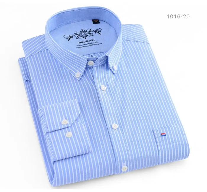 Men's Long Sleeve Contrast Plaid/Striped Oxford Dress Shirt with Left Chest Pocket Male Casual Slim-fit Buttoned Down Shirts