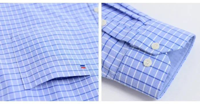 Men's Long Sleeve Contrast Plaid/Striped Oxford Dress Shirt with Left Chest Pocket Male Casual Slim-fit Buttoned Down Shirts