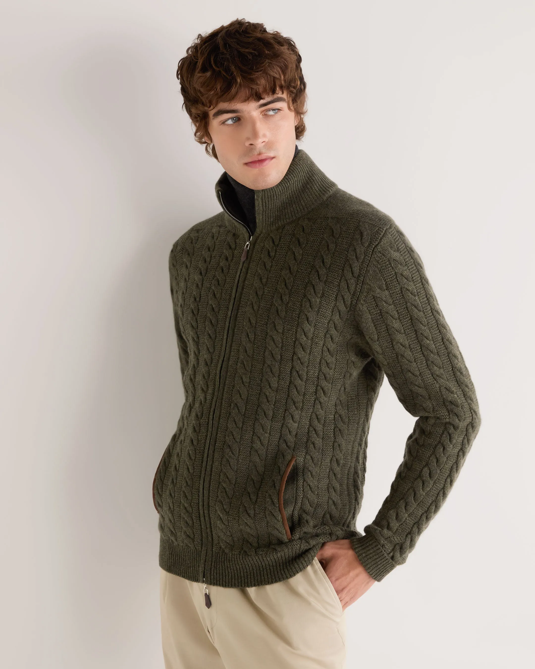 Men's Richmond Cable Cashmere Cardigan Moss Green