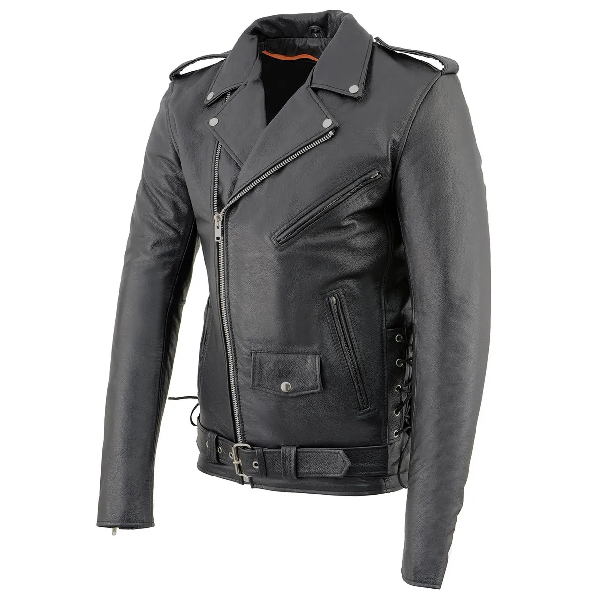 Milwaukee Leather SH1011TALL Black Classic Brando Motorcycle Jacket for Men Made of Cowhide Leather w/ Side Lacing