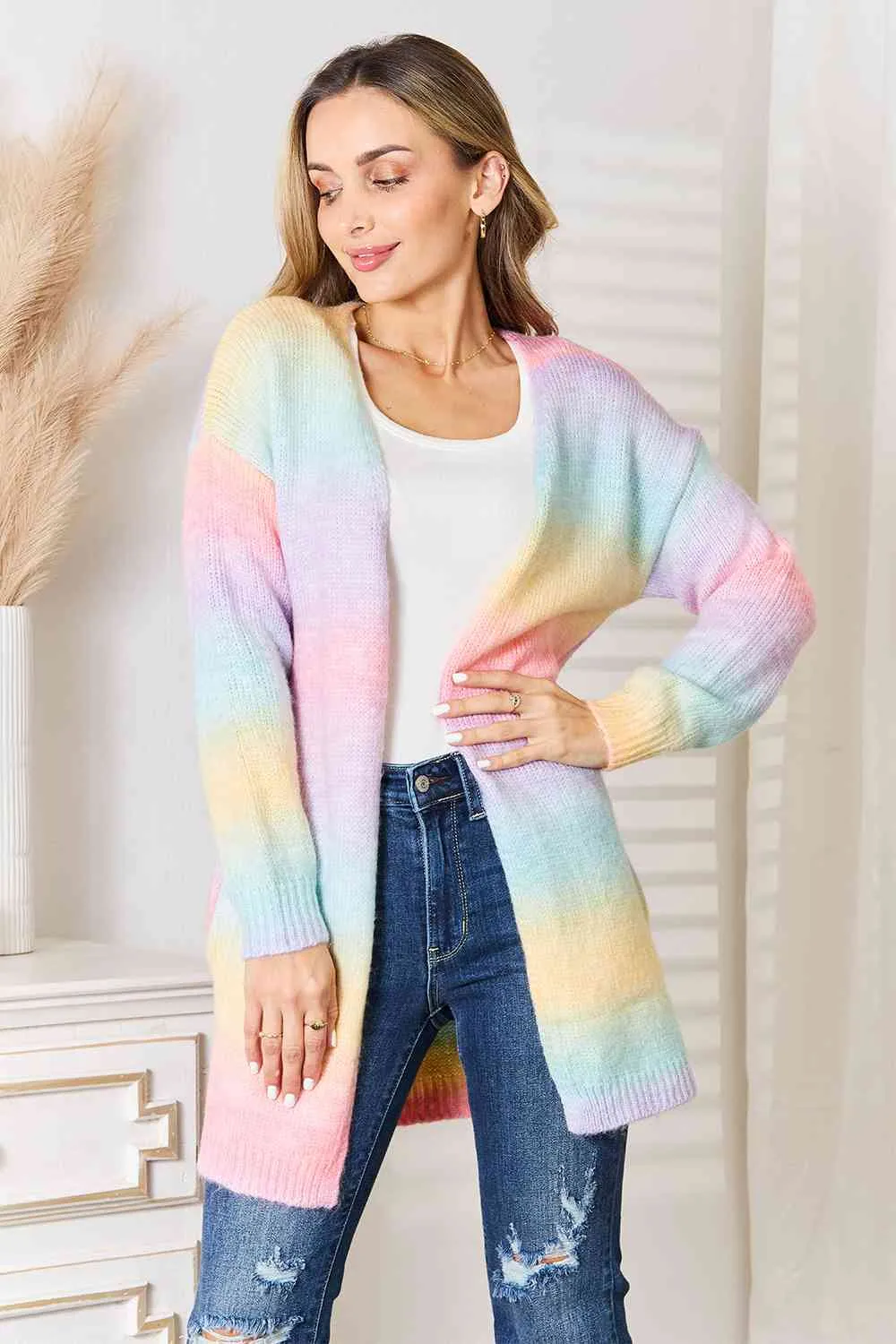 Multicolored Gradient Open Front Longline Cardigan