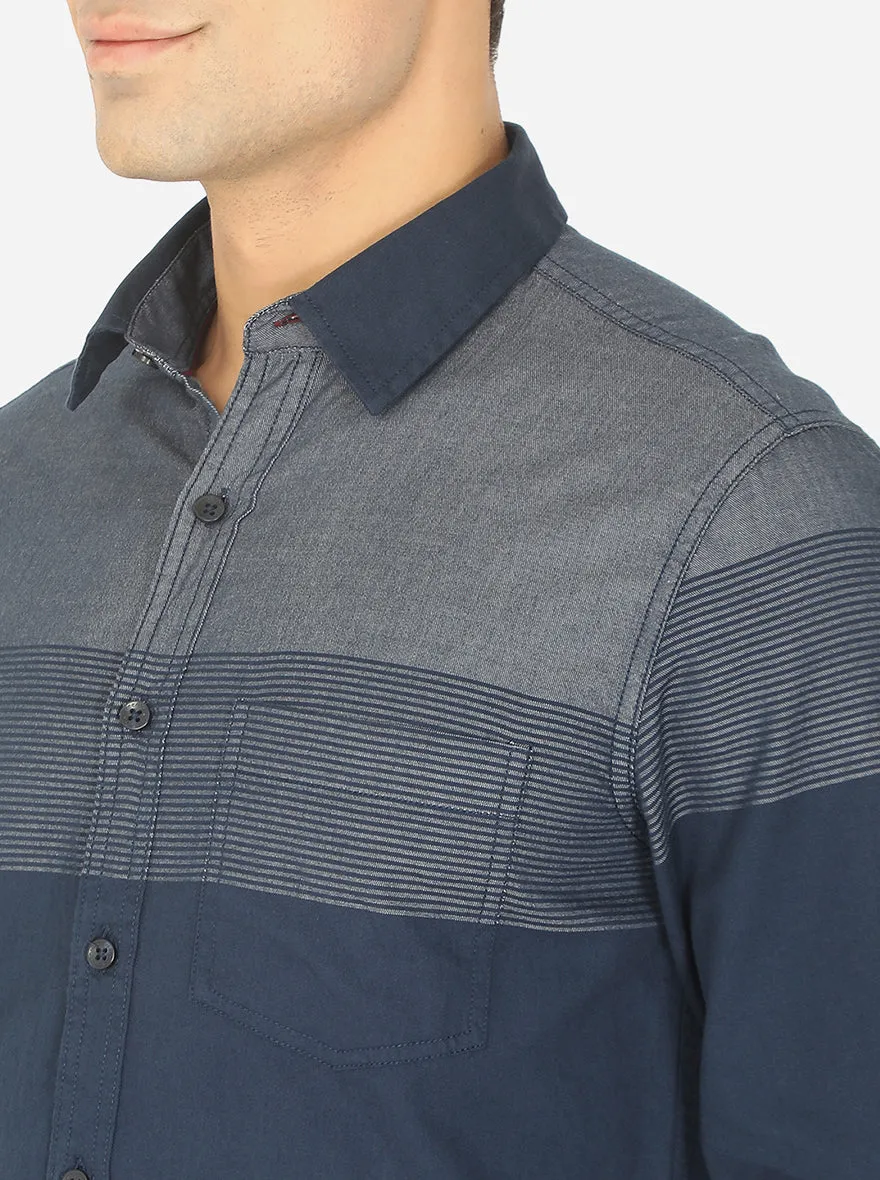 Navy Blue & Grey Striped Slim Fit Semi Casual Shirt | Greenfibre