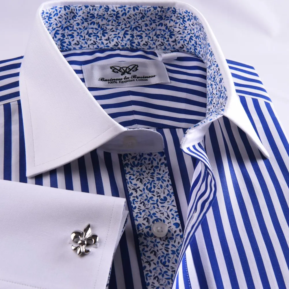 Navy Blue Striped Dress Shirt Formal Contrast Collar and French Cuff Business Fashion Design