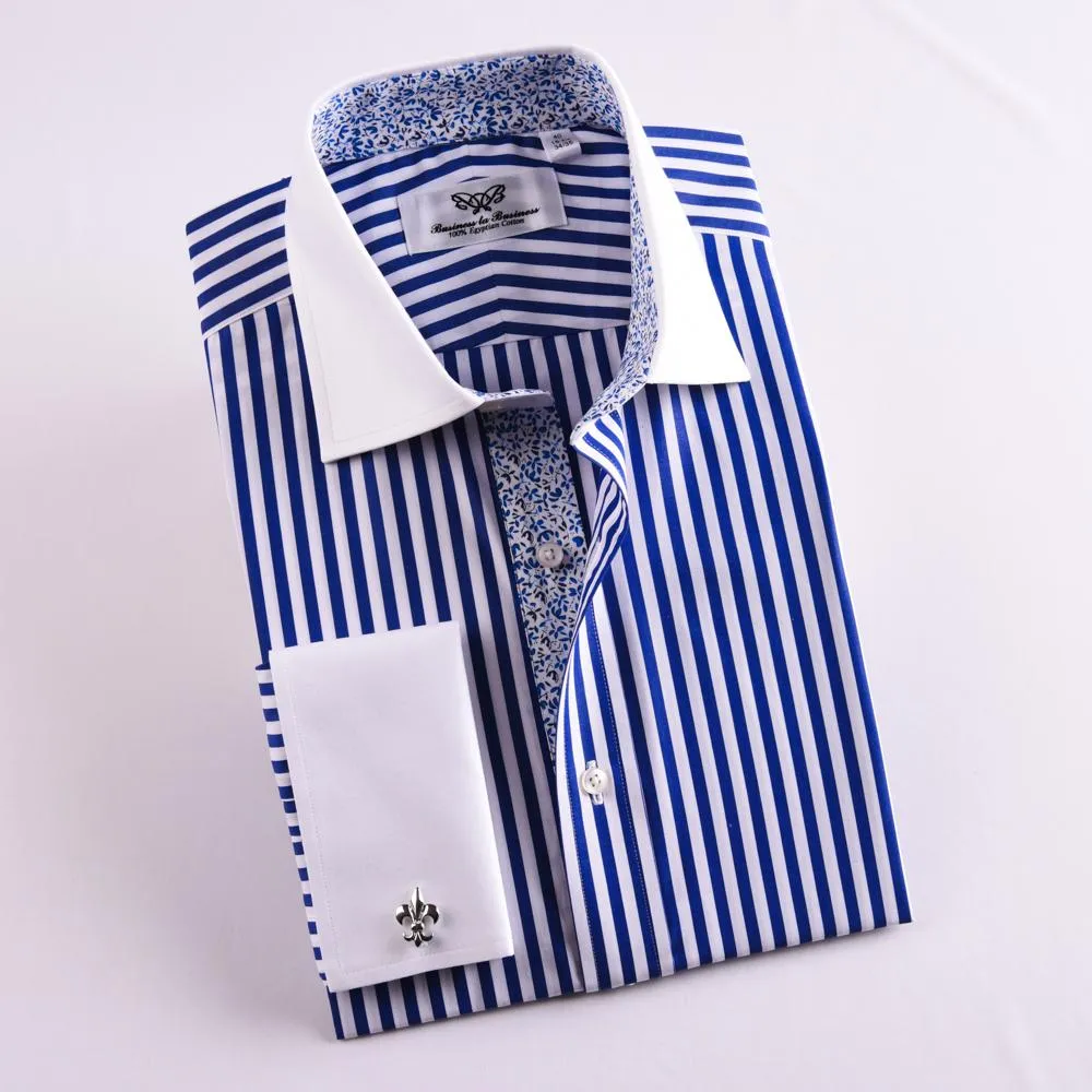 Navy Blue Striped Dress Shirt Formal Contrast Collar and French Cuff Business Fashion Design