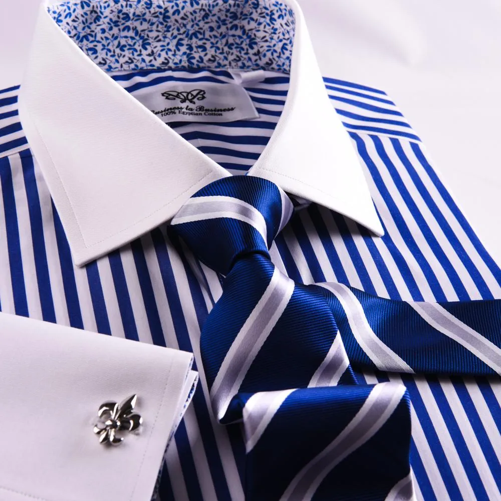 Navy Blue Striped Dress Shirt Formal Contrast Collar and French Cuff Business Fashion Design