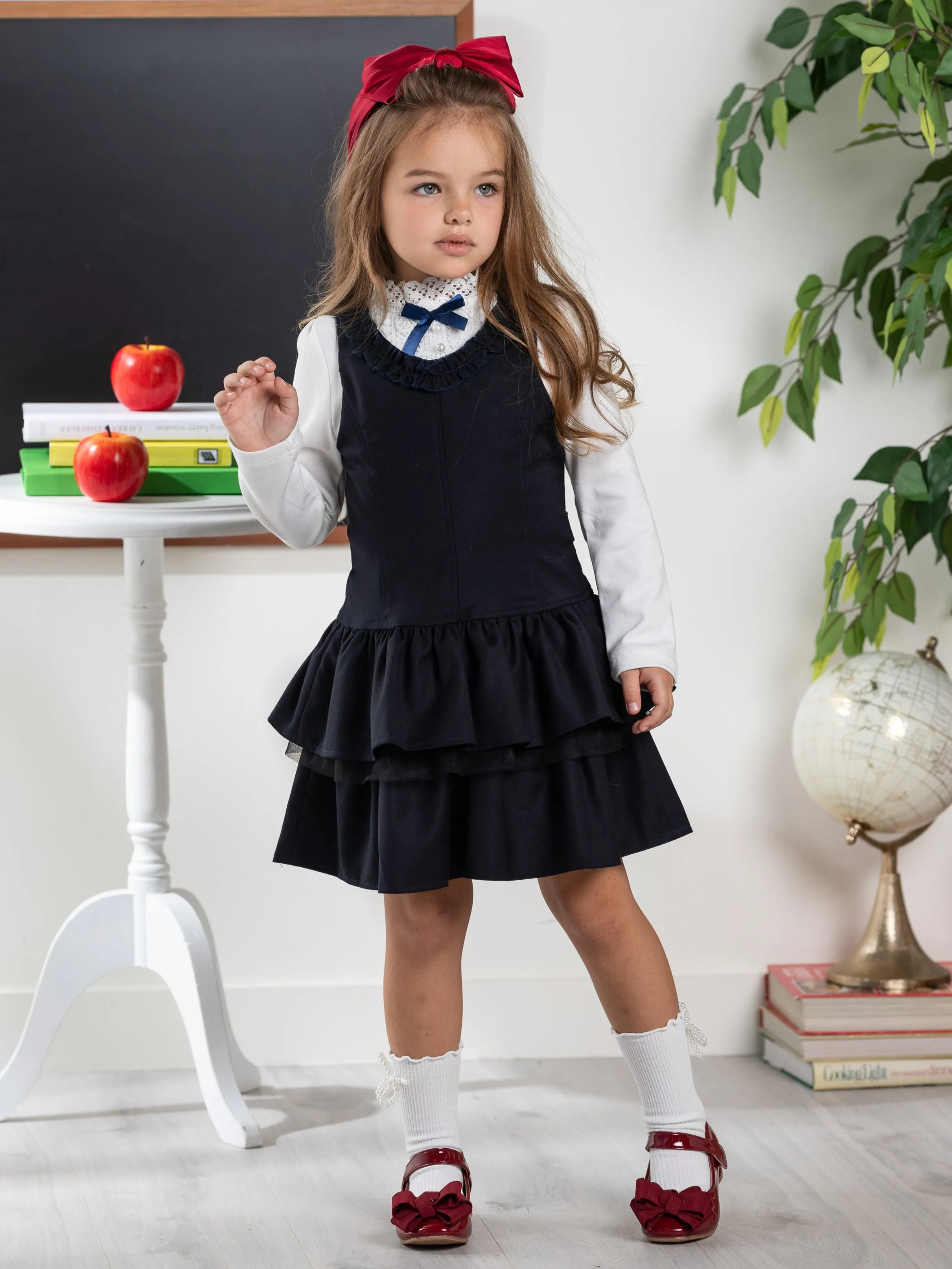 Navy Tiered Girls Uniform Dress by Kids Couture