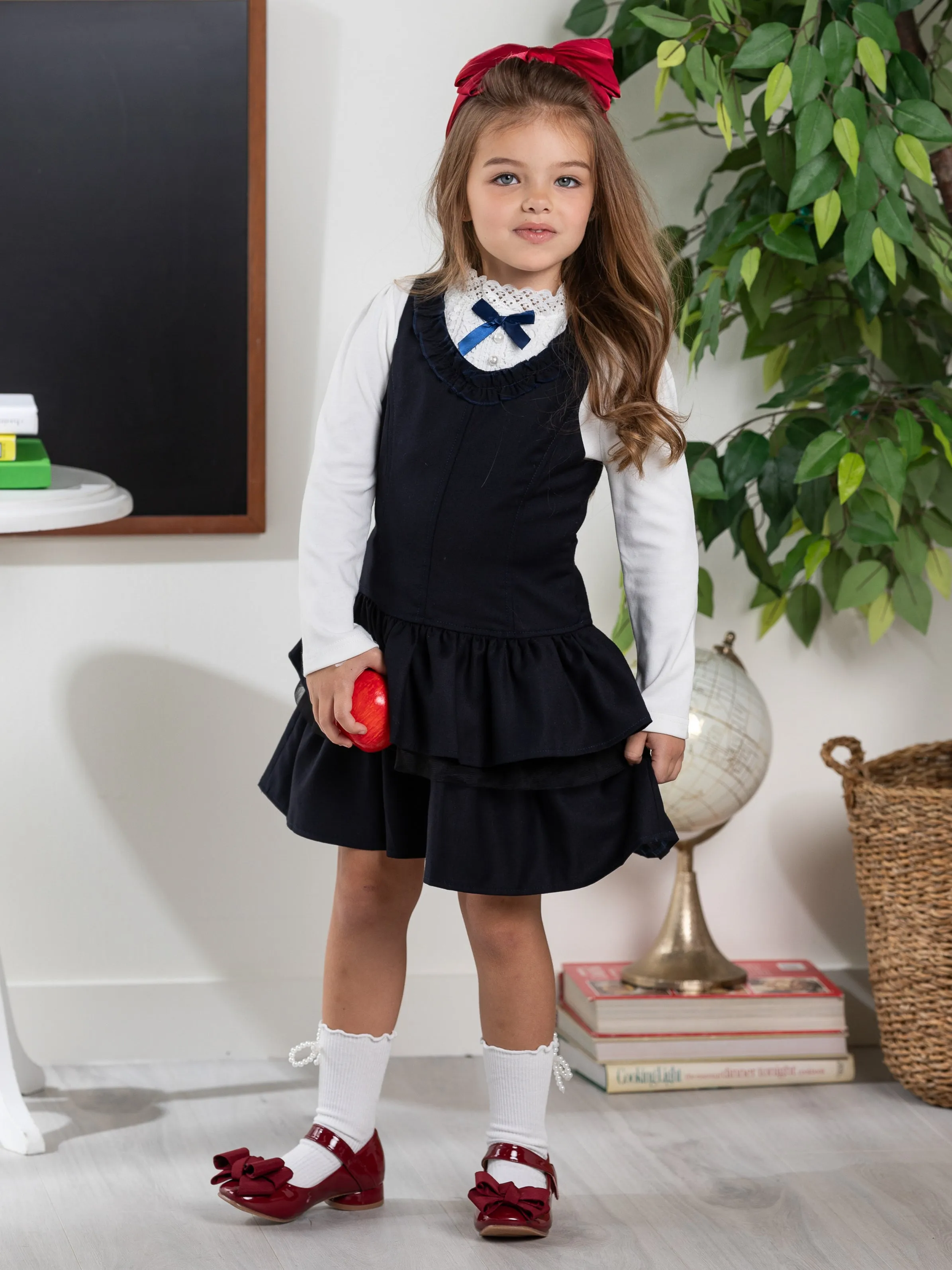 Navy Tiered Girls Uniform Dress by Kids Couture