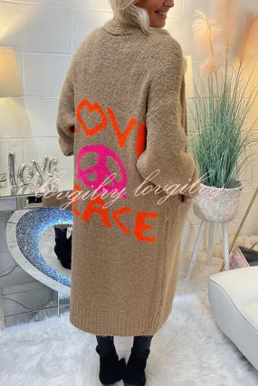 Neon Love Peace Chunky Knit Pocket Straight Midi Cardigan