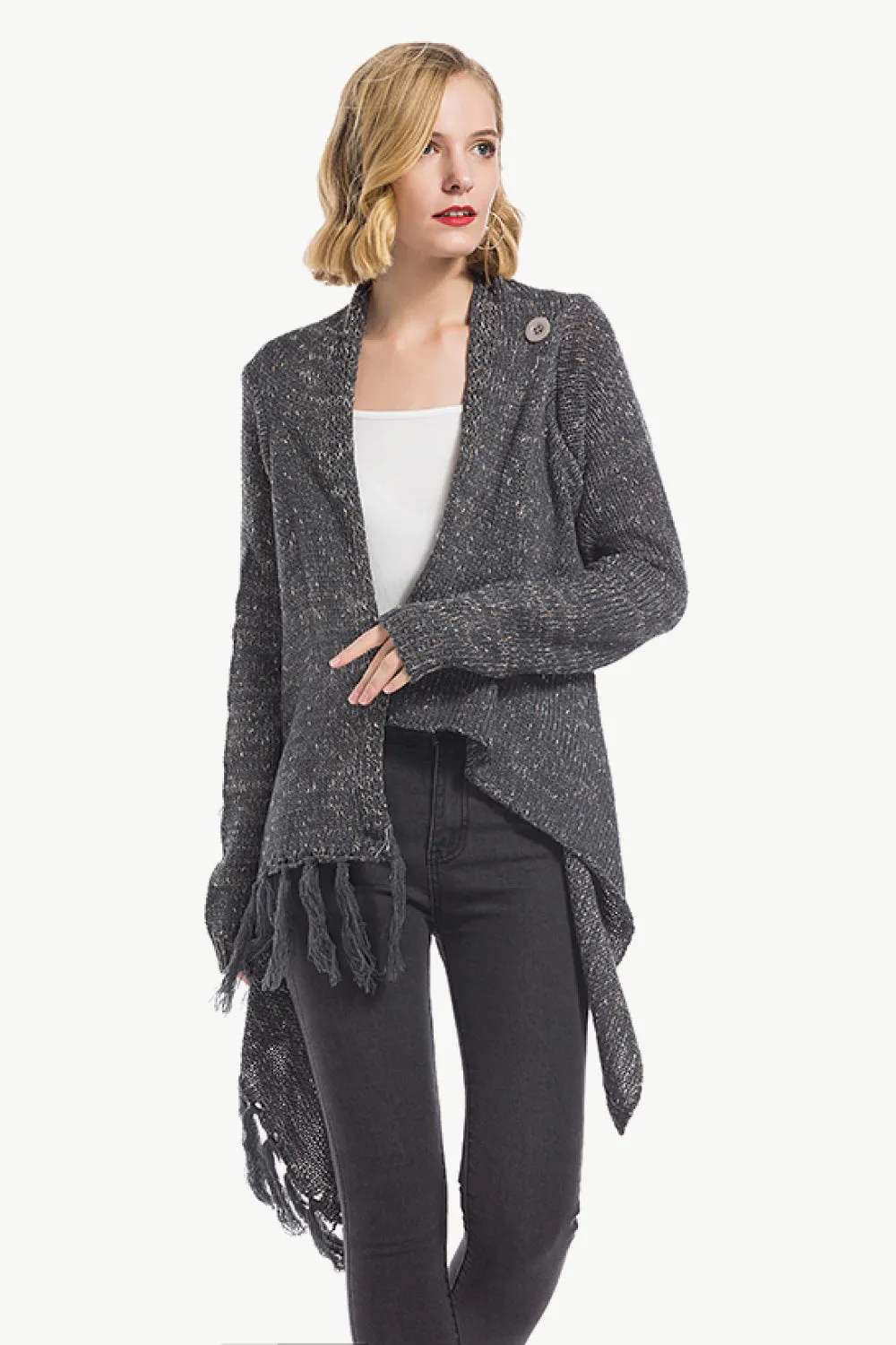 One-Button Tassel Tie Asymmetrical Hem Cardigan