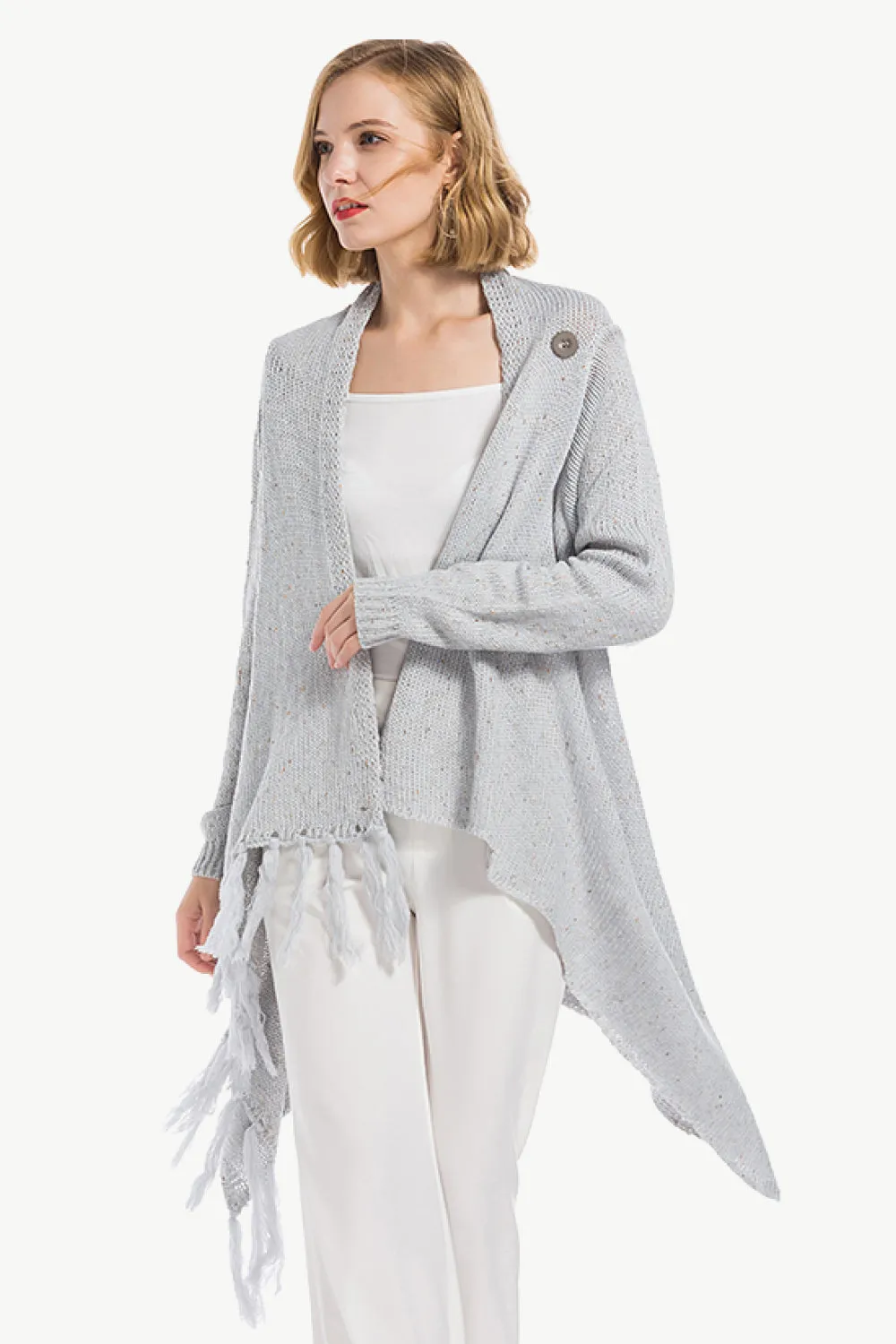 One-Button Tassel Tie Asymmetrical Hem Cardigan