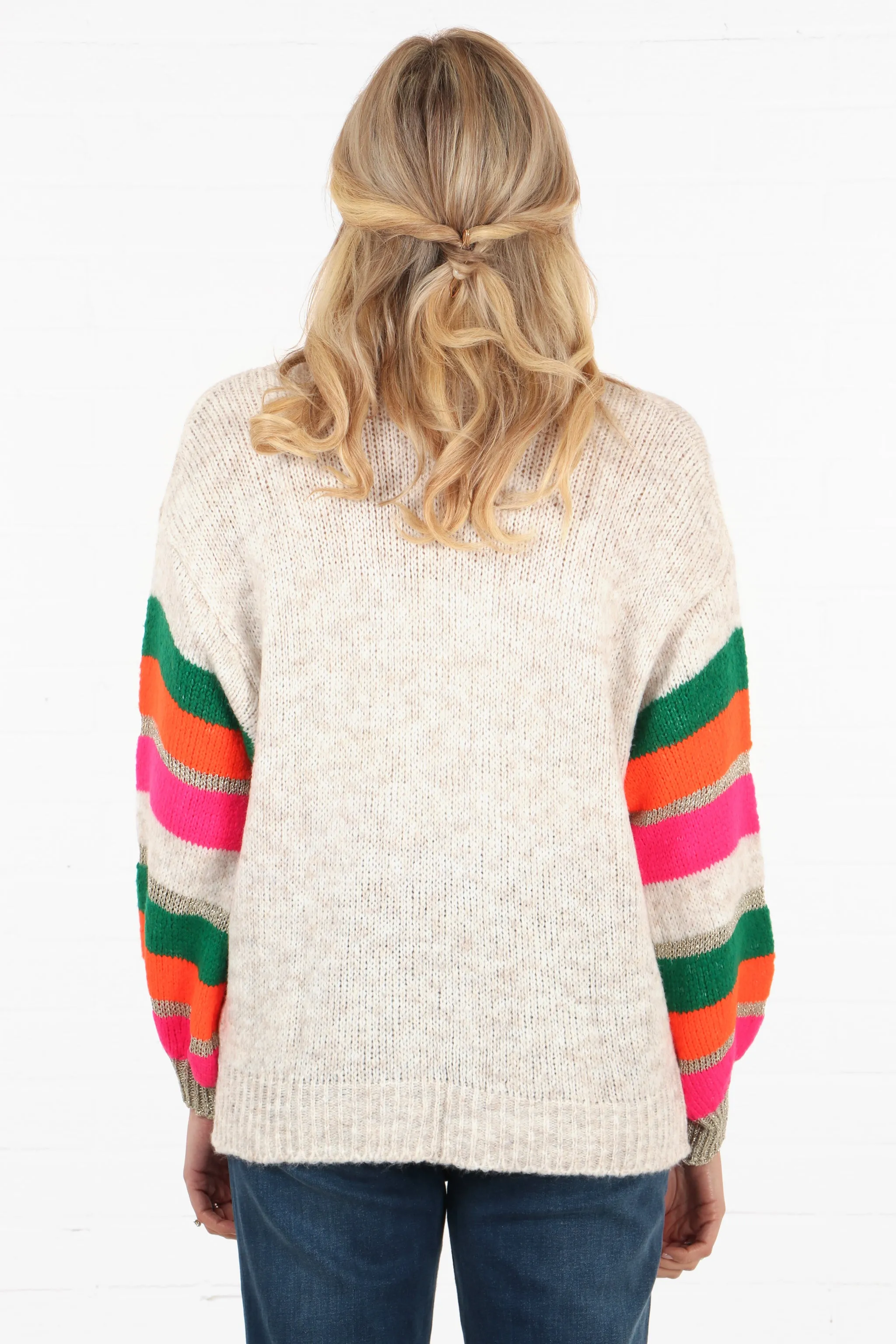 Open Front Wool Blend Balloon Sleeve Cardigan in Cream Orange Fuchsia
