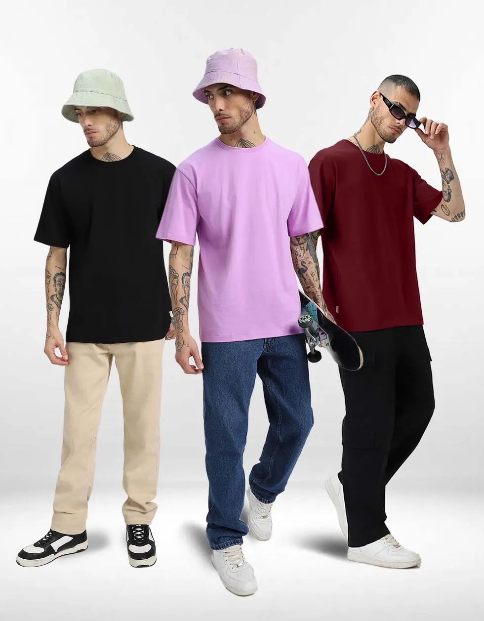 Pack of 3 Oversized Tees: Lilac & Maroon & Black