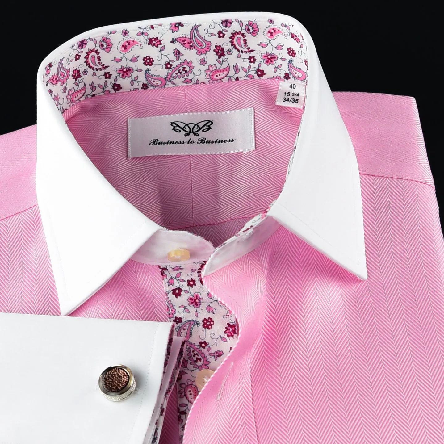 Pink Herringbone WInchester Dress Shirt Formal Contrast Collar and French Cuff Business Fashion Design