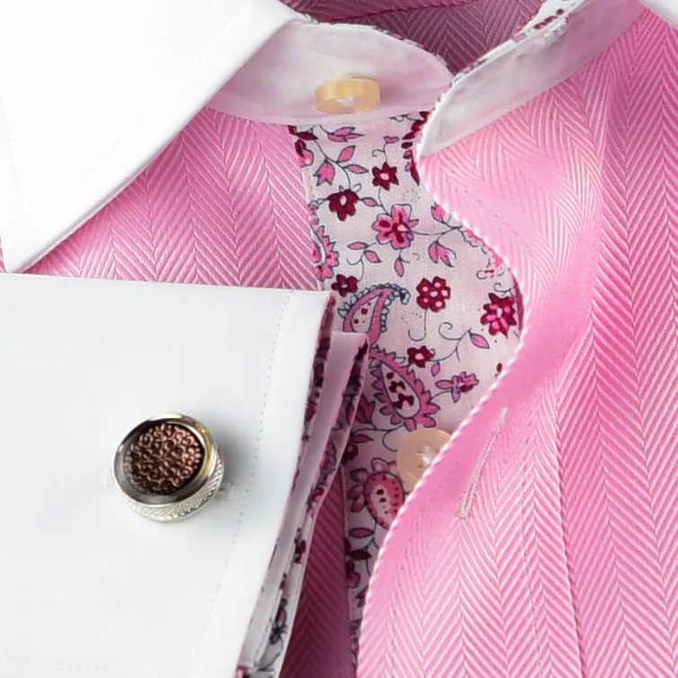 Pink Herringbone WInchester Dress Shirt Formal Contrast Collar and French Cuff Business Fashion Design