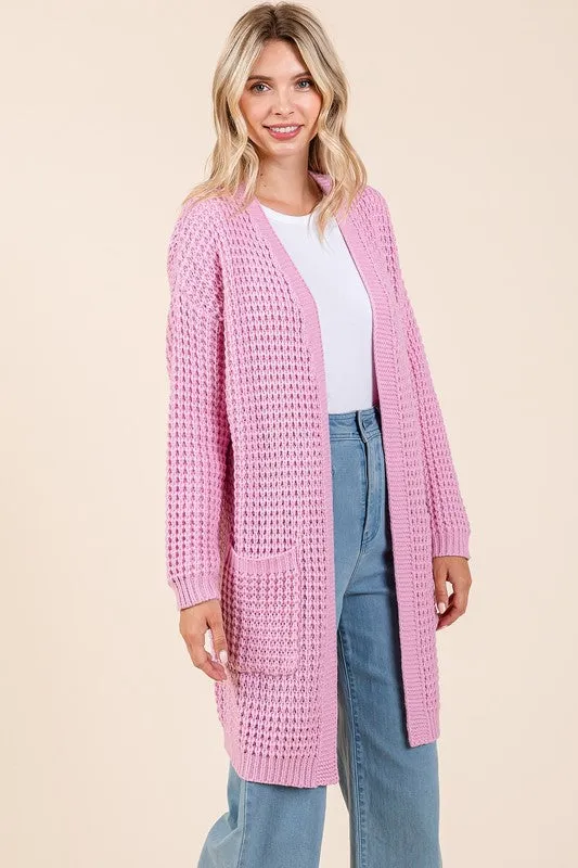 Pink Open Front Long Sleeve Longline Cardigan