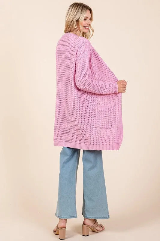 Pink Open Front Long Sleeve Longline Cardigan