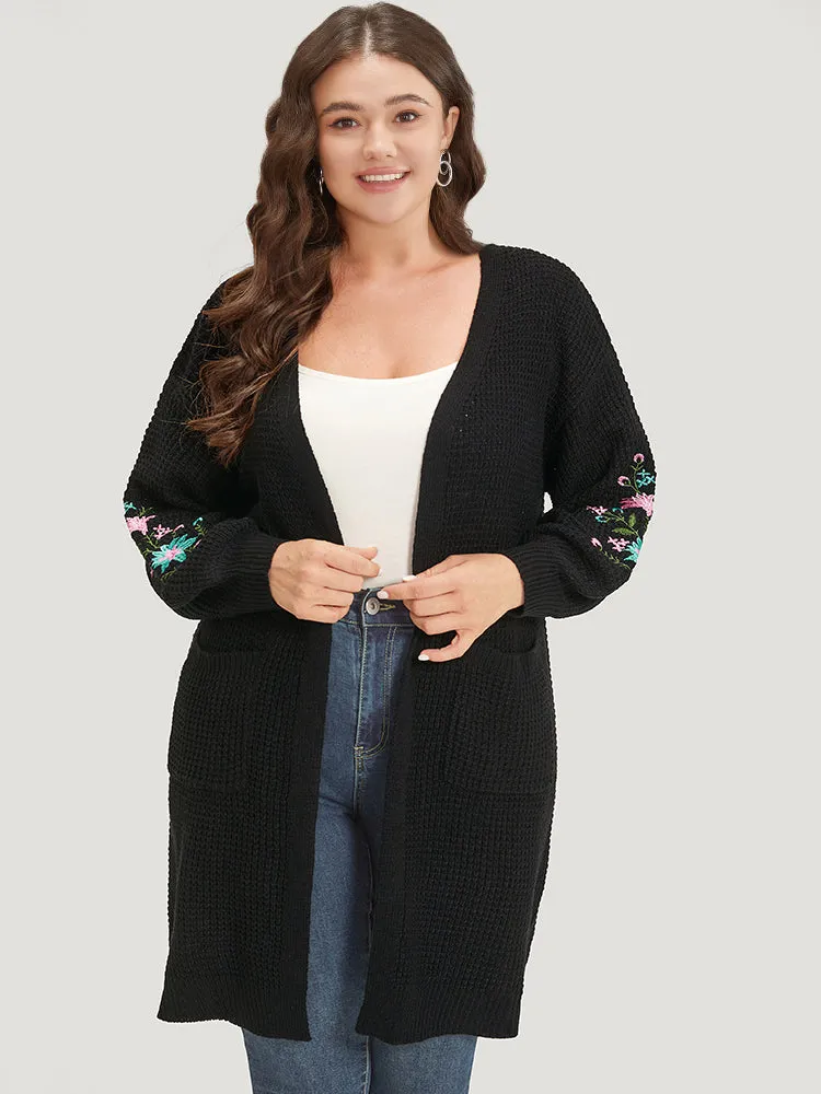 Plants Embroidered Lantern Sleeve Open Front Cardigan