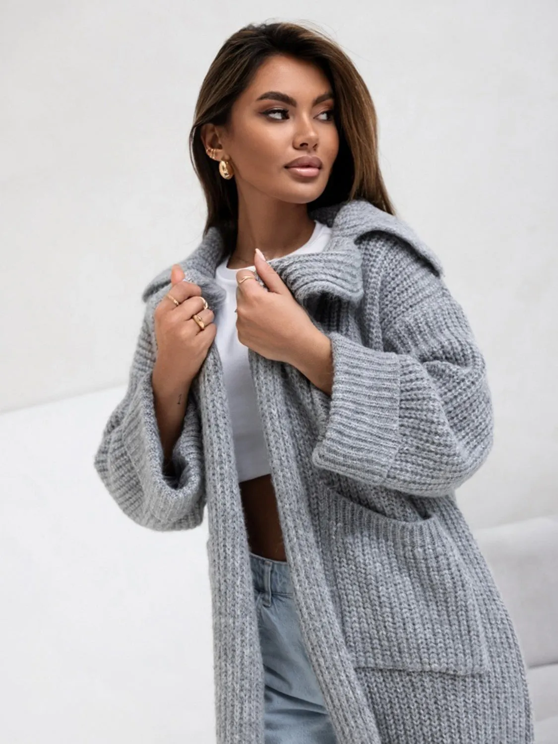 Pocketed Collared Neck Dropped Shoulder Cardigan