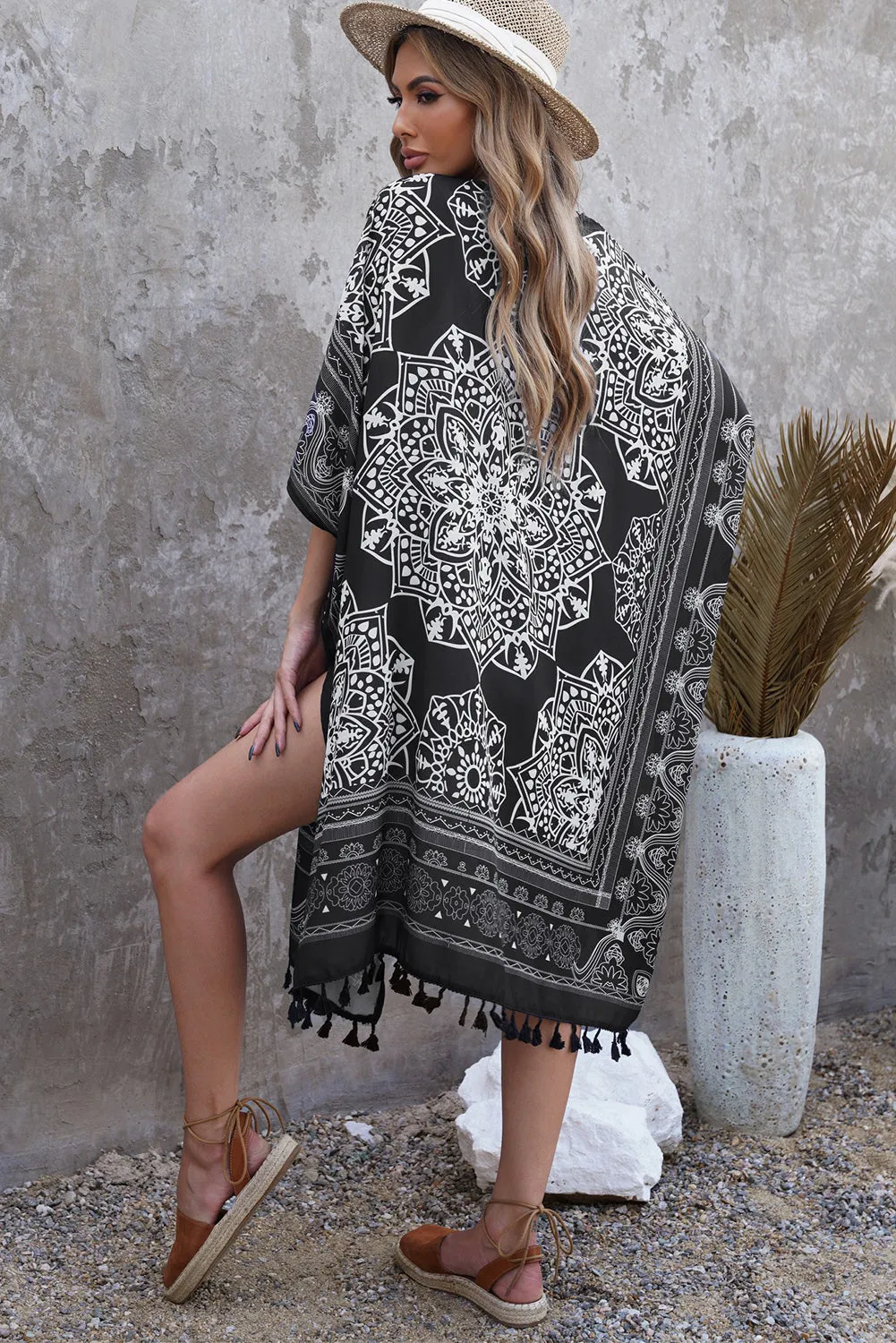 Printed Tassel Trim Open Front Cardigan