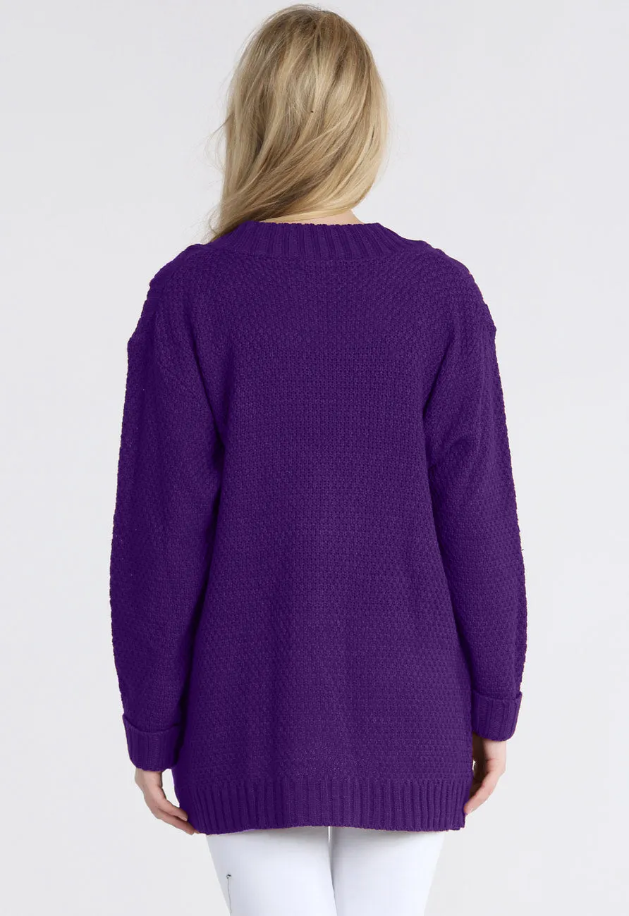 Purple Chunky Cable Knit Pocket Cardigan